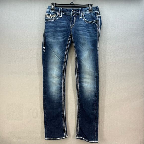 Rock Revival Women's Jeans Size 27 (4) Avery Straight Biker Moto Bling Crystal - Picture 2 of 16